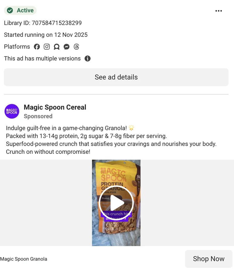 Magic Spoon Meta granola DCO - 'Indulge guilt-free in a game-changing Granola!' - one of 8 unique card bodies