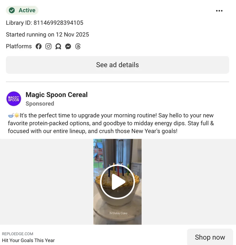 Magic Spoon Meta ad pointing to Replo Edge workspace URL - Nov 2025 morning routine cereal video