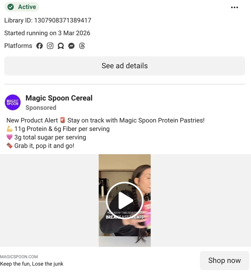 Magic Spoon Meta pastry launch video - New Product Alert, started Mar 3 2026