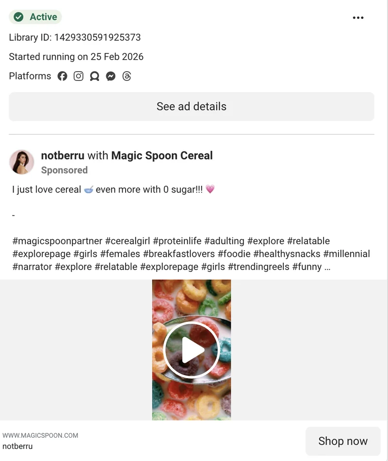 Magic Spoon Meta UGC - notberru: 'I just love cereal even more with 0 sugar'