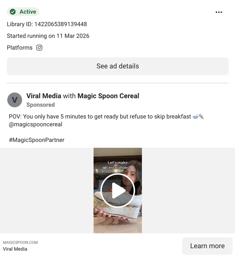 Magic Spoon Meta UGC - Viral Media: 'POV: You only have 5 minutes to get ready but refuse to skip breakfast'