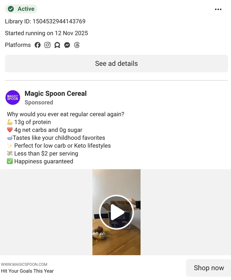 Magic Spoon Meta cereal video - 'Why would you ever eat regular cereal again?' Nov 2025