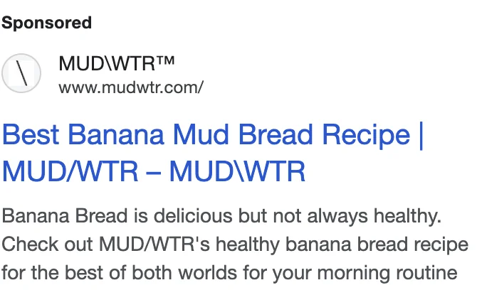 MUD\WTR Google display ad - 'Best Banana Mud Bread Recipe' blog post promoted as paid display