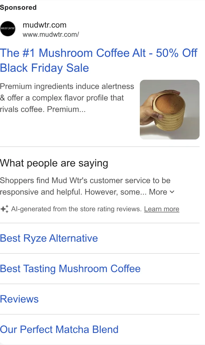MUD\WTR Google Black Friday display ad - '#1 Mushroom Coffee Alt - 50% Off Black Friday Sale' with sitelinks