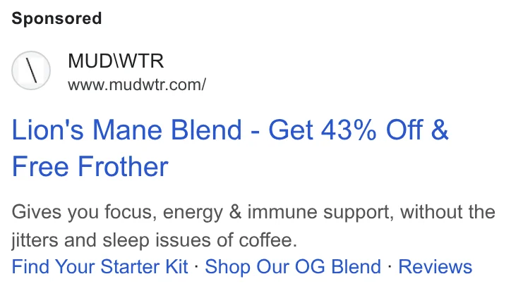 MUD\WTR Google search ad - 'Lion's Mane Blend - Get 43% Off & Free Frother'