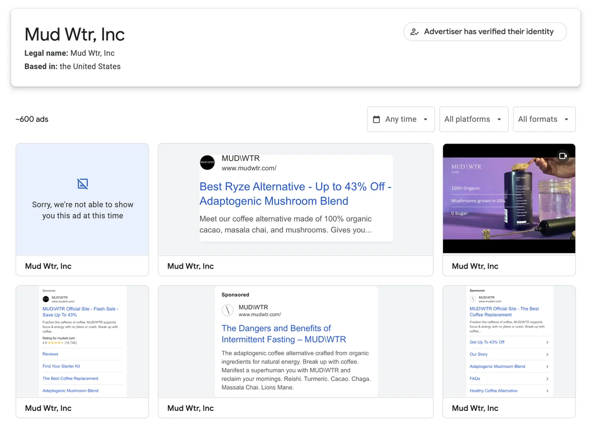 MUD\WTR Google Ads Transparency Center - Mud Wtr, Inc account overview showing blog display ads, competitor conquest, and discount search ads