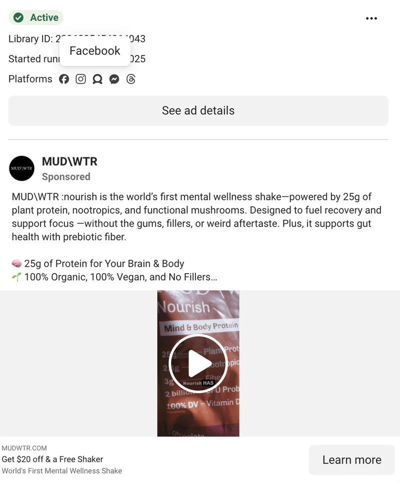 MUD\WTR Meta Nourish video ad - '25g of Protein for Your Brain & Body, Get $20 off & a Free Shaker'