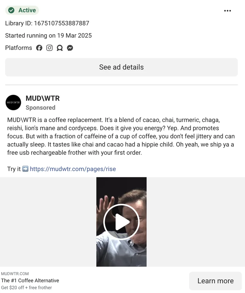 MUD\WTR Meta oldest ad - Rise video, 367 days old (Mar 19 2025): 'a hippie child... ship ya a free frother'