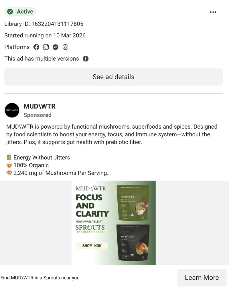 MUD\WTR Meta DCO ad - 'Find MUD\WTR in a Sprouts near you' Sprouts retail card, Mar 2026