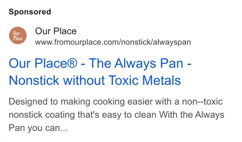 Our Place Google search ad - "Our Place® - The Always Pan - Nonstick without Toxic Metals", the longest-running ad at 1,103 days