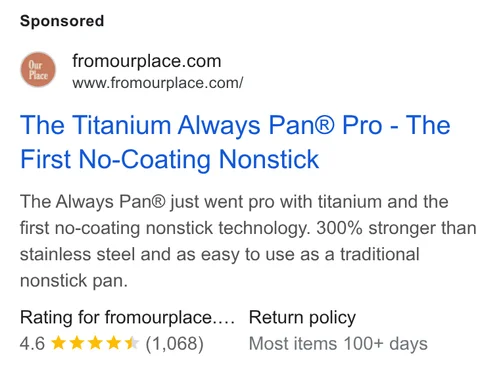 Our Place Google Australia search ad - "The First No-Coating Nonstick - 300% Stronger than Stainless", fromourplace.au