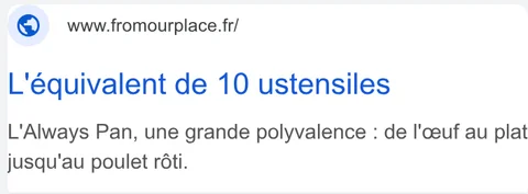 Our Place Google French search ad - L'équivalent de 10 ustensiles, fromourplace.fr, Always Pan versatility framing