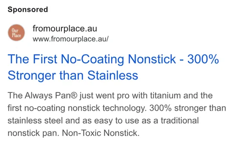 Our Place Google search ad - "The 8-in-1 Perfect Pot® - Replaces 8 Pieces of Cookware" with We Made Too Much discount sitelink