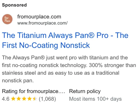 Our Place Google search ad - "The Titanium Always Pan® Pro - The First No-Coating Nonstick", same locked description variant targeting different regions