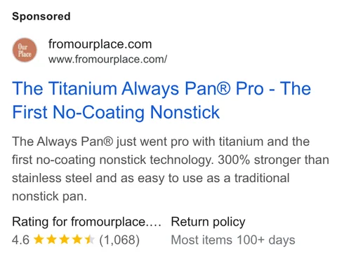 Our Place Google search ad - "The Titanium Always Pan® Pro - The First No-Coating Nonstick", 300% stronger, 4.6 stars, 100-day returns