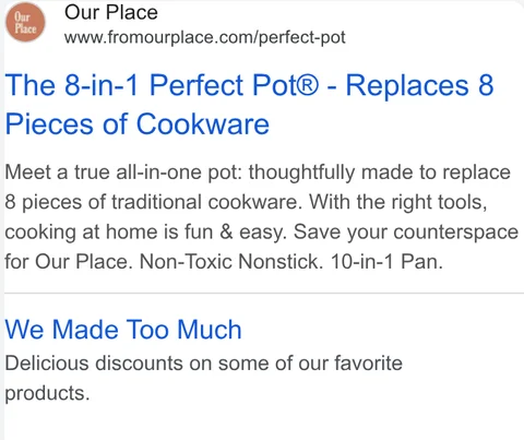 Our Place Google UK search ad - "Our Place® | The Home Cook Duo - Bake, Boil, Steam, Pour & More" with Products On Sale and All Collections sitelinks