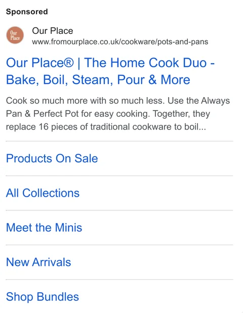 Our Place Google search ad - "Our Place® | The Home Cook Duo - Woman & Immigrant-Owned" with sitelinks and View 7 prices from £45.00