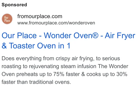 Our Place Google search ad - "Our Place - Wonder Oven® - Air Fryer & Toaster Oven in 1", 803 days running