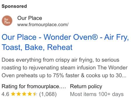 Our Place Google search ad - "Our Place - Wonder Oven® - Air Fry, Toast, Bake, Reheat" with 4.6 star rating and 100-day return policy