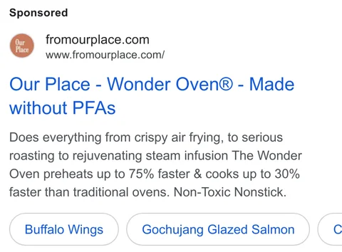 Our Place Google search ad - "Our Place - Wonder Oven® - Made without PFAs" with Buffalo Wings and Gochujang Glazed Salmon recipe sitelinks