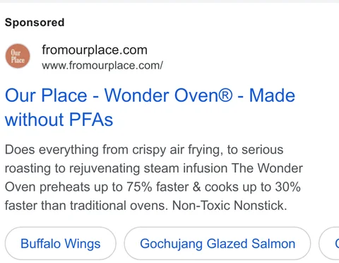 Our Place Google search ad - "Our Place - Wonder Oven® - Made without PFAs", US variant with recipe sitelinks