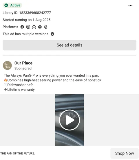 Our Place Always Pan Pro video ad — "The Always Pan Pro is everything you ever wanted in a pan", started Aug 1 2025