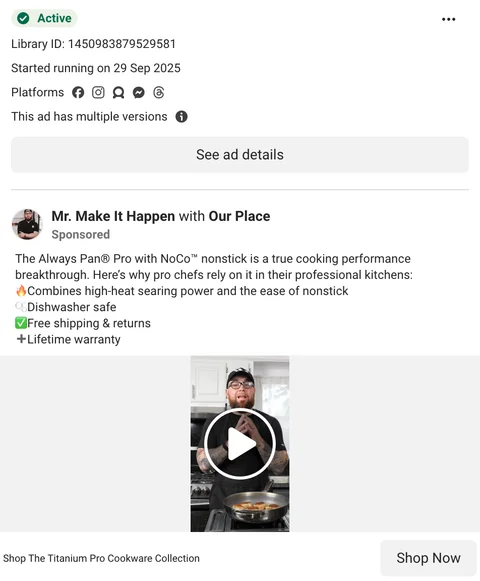 Mr. Make It Happen creator ad for Our Place — Always Pan Pro with NoCo nonstick, chef kitchen video, started Sep 29 2025