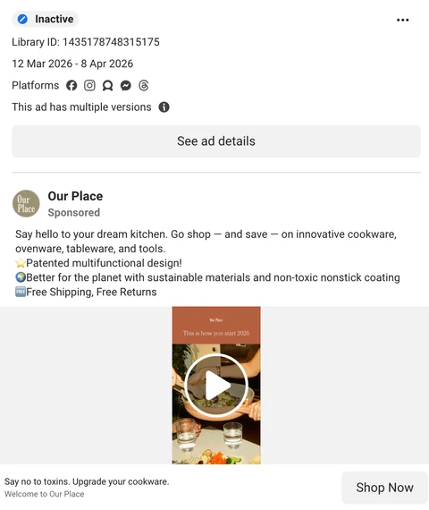 Our Place video ad with real body copy — "Say hello to your dream kitchen", multifunctional + non-toxic + free shipping messaging