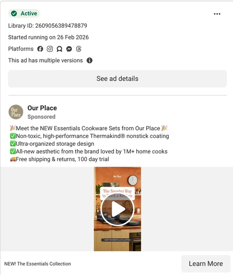 Our Place Essentials Collection "Learn More" ad — Thermakind nonstick, 1M+ home cooks, 100-day trial, Feb 26 2026