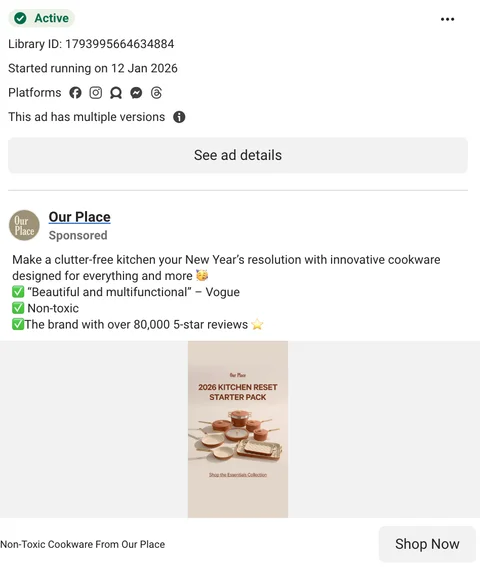 Our Place Essentials Collection ad — "2026 Kitchen Reset Starter Pack", Thermakind nonstick, 1M+ home cooks, started Jan 12 2026