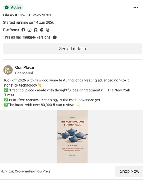 Our Place non-toxic DCO card — Non-Toxic 2026 Starter Pack, PFAS-free nonstick, Shop Now CTA