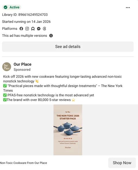 Our Place Meta ad — Non-Toxic 2026 Starter Pack, PFAS-free nonstick, NYT validation, Shop Now CTA