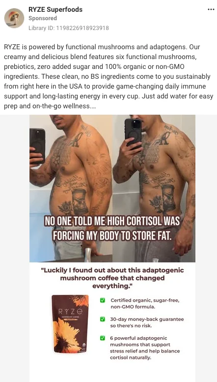 RYZE Meta ad showing the dominant copy + 'Pour Yourself a Better Cup of Coffee ☕️' title + link description