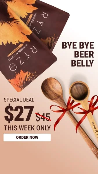 RYZE Meta ad: 'Bye Bye Beer Belly' - product bags and wooden spoons, $27 special deal