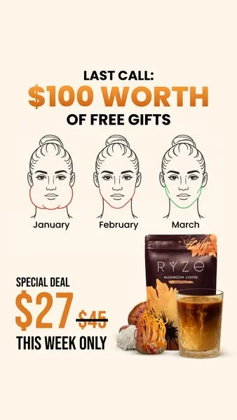 RYZE Meta ad: 'Last Call: $100 Worth of Free Gifts' - face transformation diagram January to March, $27 deal