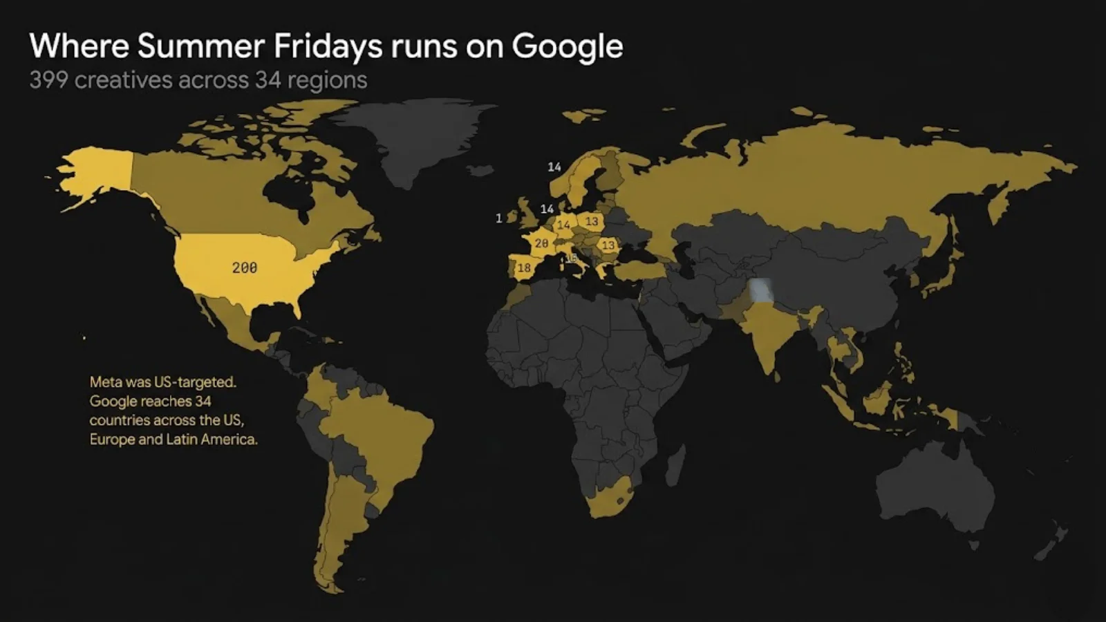 Summer Fridays Google geographic reach: US anchors 200 creatives, then a long tail across 34 regions including France, Spain, Italy, and Latin America
