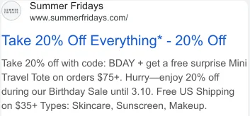 Summer Fridays Google search ad: 'Take 20% Off Everything - Use Code: BDAY' - the Birthday Sale discount that never appeared on Meta