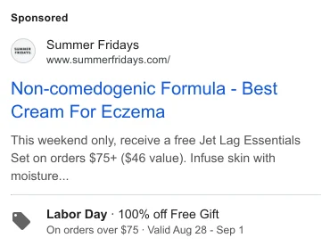 Summer Fridays Google search ad: 'Best Cream For Eczema' and sensitive skin positioning - problem-solution language absent from Meta