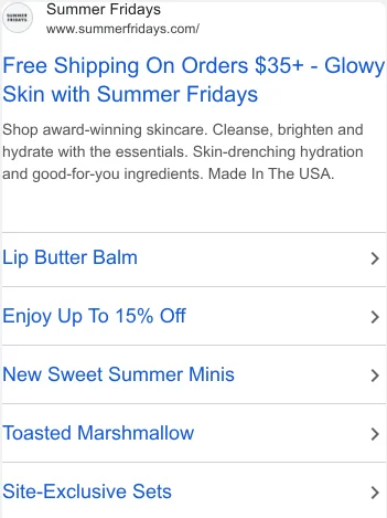 Summer Fridays Google search ad with free shipping offer and sitelinks - discount mechanics absent from the Meta account