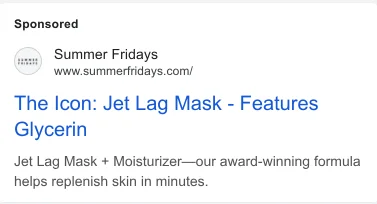 Second Summer Fridays Google search ad variant for the Jet Lag Mask - part of the evergreen Jet Lag search campaign