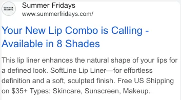 Summer Fridays Google search ad for lip liner in 8 shades - a text-dominant format the Meta account never uses